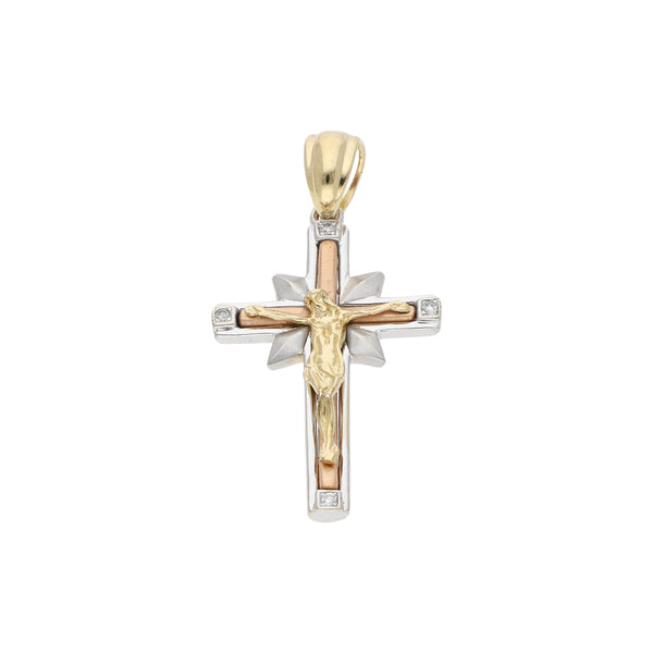 Crucifijo diseño especial con circonias en oro tres tonos 14 kilates.
