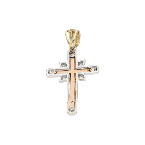 Crucifijo diseño especial con circonias en oro tres tonos 14 kilates.