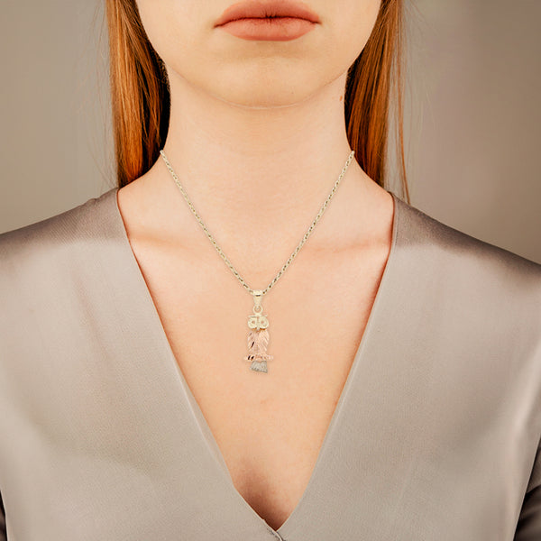 Gargantilla eslabón torzal y dije articulado motivo búho en oro tres tonos 14 kilates.