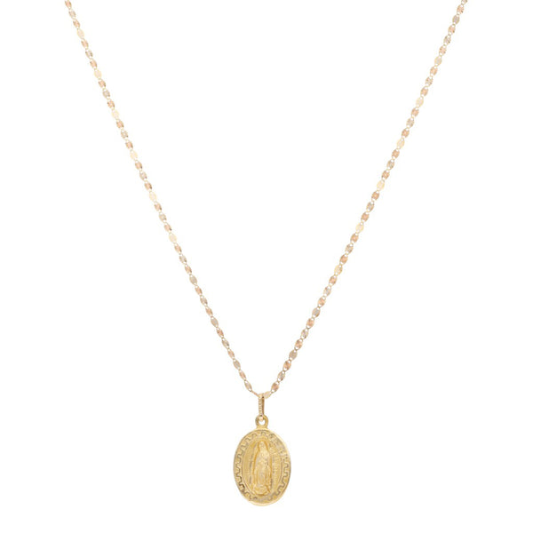 Collar eslabón combinado y medalla diseño especial motivo virgen de Guadalupe en oro tres tonos 14 kilates.