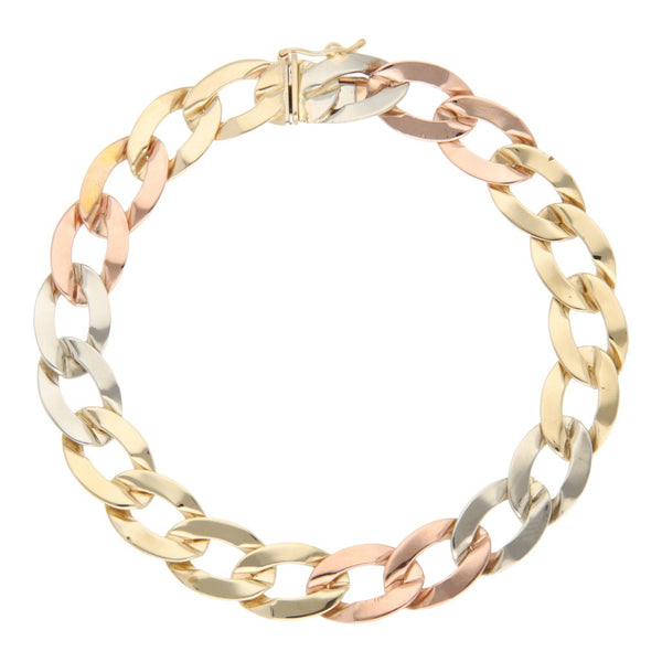 Pulsera eslabón barbado en oro tres tonos 14 kilates.