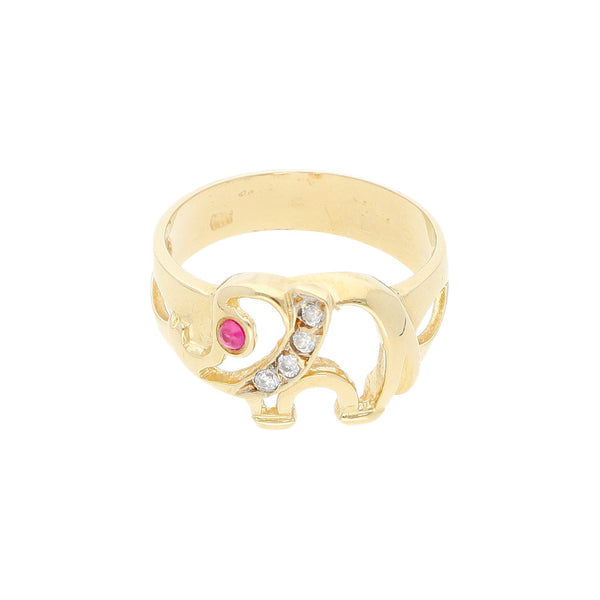 Anillo calado motivo elefantes con sintéticos en oro amarillo 14 kilates.