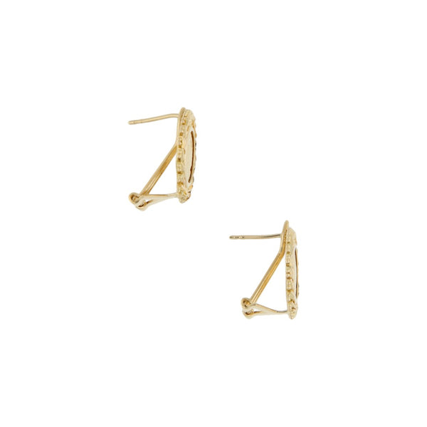 Aretes boleados con aplicación motivo moneda en oro amarillo 14 kilates.
