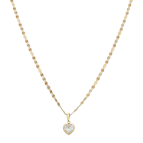 Collar eslabón nudo marino y dije diseño especial con sintético motivo corazón en oro tres tonos 14 kilates.
