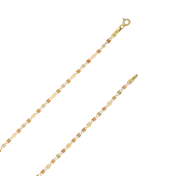 Collar eslabón nudo marino y dije diseño especial con sintético motivo corazón en oro tres tonos 14 kilates.
