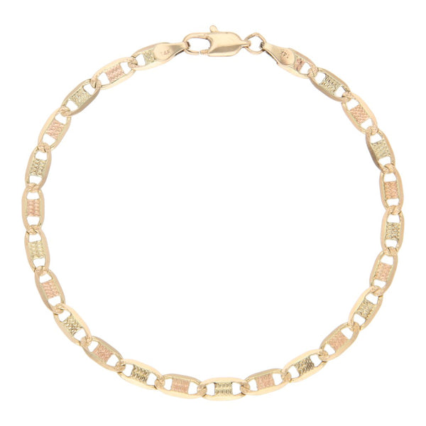 Pulsera eslabón nudo marino en oro tres tonos 14 kilates.
