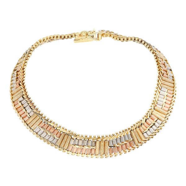 Pulsera eslabón boleado en oro tres tonos 14 kilates.