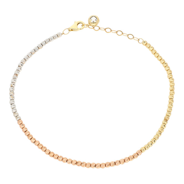 Pulsera eslabón boleado con sintético en oro tres tonos 14 kilates.