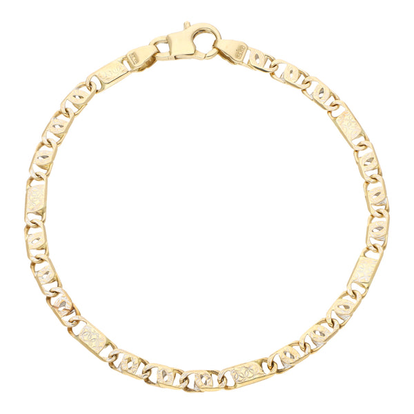 Pulsera eslabón nudo egipcio platinado en oro amarillo 14 kilates.