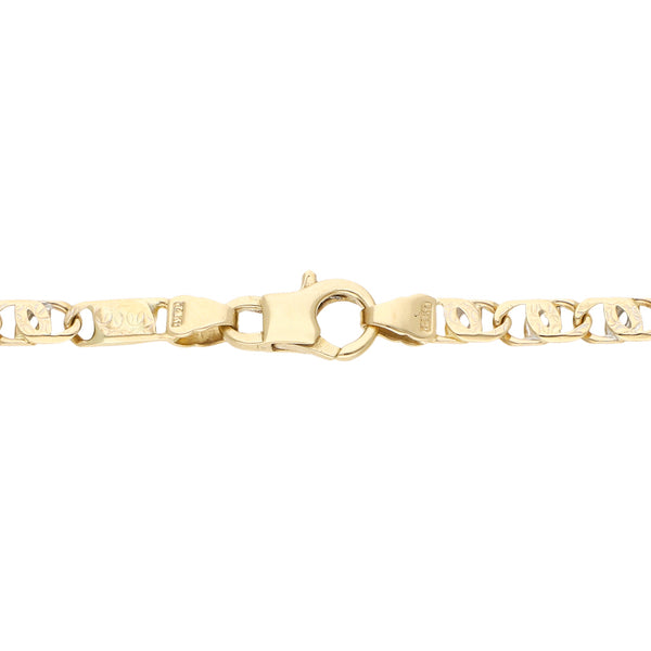 Pulsera eslabón nudo egipcio platinado en oro amarillo 14 kilates.