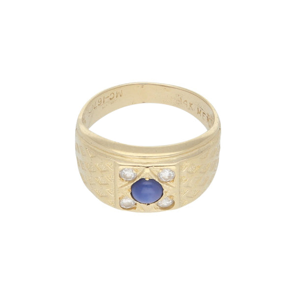 Anillo diseño especial con zafiro estrella y sintéticos en oro amarillo 14 kilates.