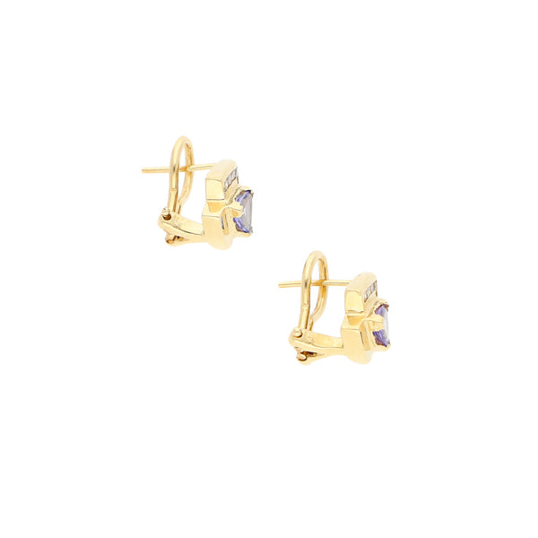 Aretes diseño especial con diamantes y sintéticos en oro amarillo 14 kilates.