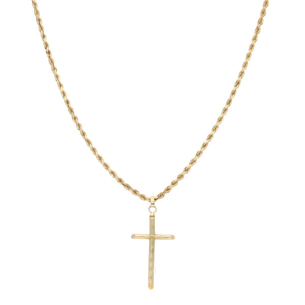 Collar eslabón torzal y cruz diseño especial en oro amarillo 14 kilates.