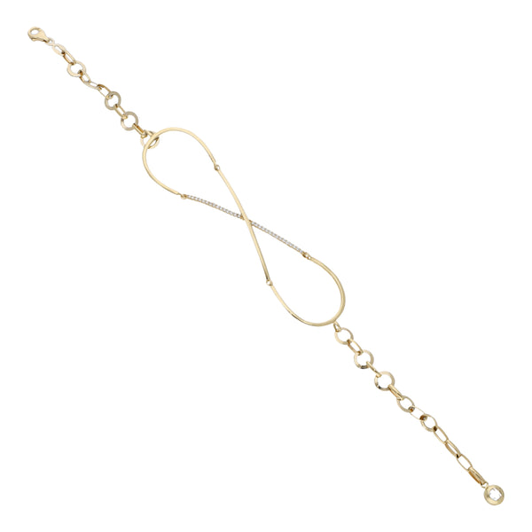 Pulsera eslabón laminado motivo infinito con circonias en oro amarillo 14 kilates.