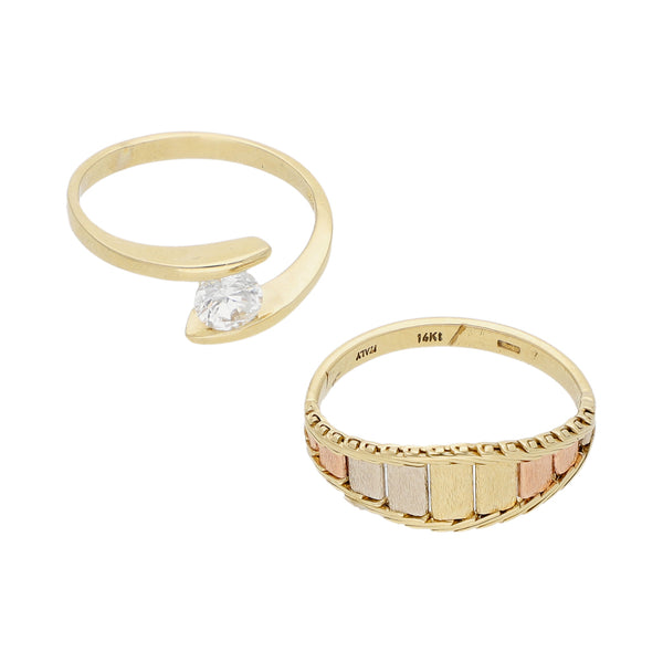 Dos anillos diseño especial con circonia en oro tres tonos 14 kilates.