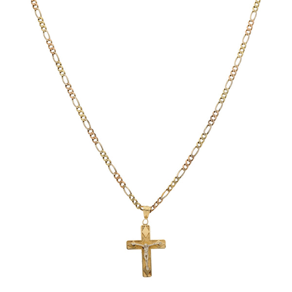 Collar de tres eslabones por uno y crucifijo diseño especial en oro tres tonos 14 kilates.