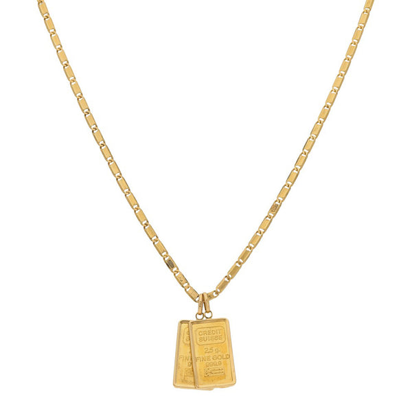 Collar eslabón nudo marino y dos dijes diseño especial con un crédito suizo de 2.5 gramos oro 24 kilates en oro amarillo 18 kilates.