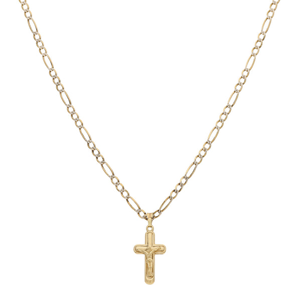 Collar de tres eslabones por uno platinados y crucifijo diseño especial en oro amarillo 14 kilates.