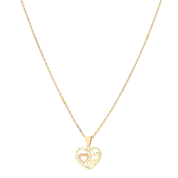 Collar eslabón torzal en oro amarillo 18 kilates y dije calado motivo corazón en oro tres tonos 14 kilates.