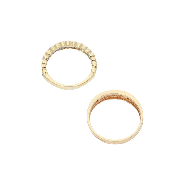 Anillo de dos piezas diseño especial y churumbela lisa con circonias en oro dos tonos 14 kilates.