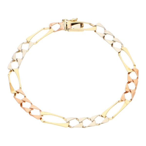 Pulsera de tres eslabones por uno en oro tres tonos 14 kilates.