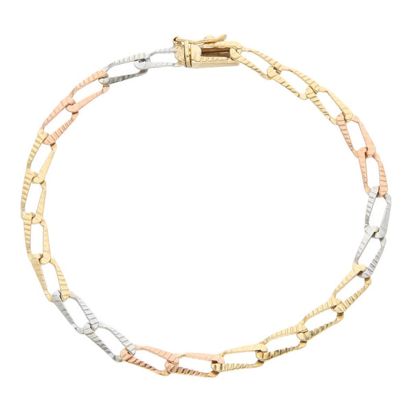 Pulsera eslabón encontrado en oro tres tonos 14 kilates.