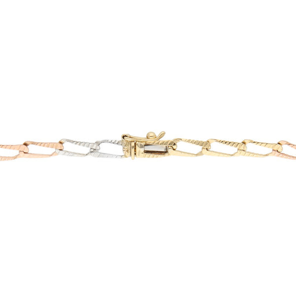Pulsera eslabón encontrado en oro tres tonos 14 kilates.