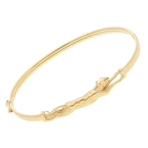 Pulsera de arillo articulada con aplicación motivo pantera en oro amarillo 14 kilates.