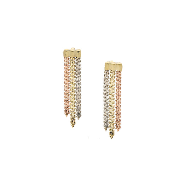 Aretes boleados con colgantes en oro tres tonos 14 kilates.