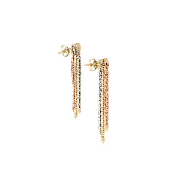 Aretes boleados con colgantes en oro tres tonos 14 kilates.