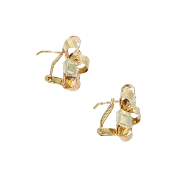 Aretes laminados motivo moño en oro tres tonos 14 kilates.