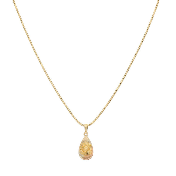 Collar eslabón laminado y medalla diseño especial motivo divino rostro en oro amarillo 14 kilates.
