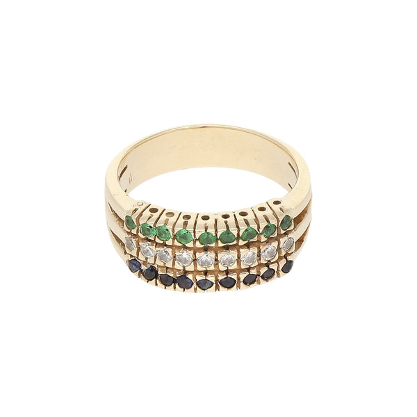 Anillo diseño especial con sintéticos en oro amarillo 14 kilates.