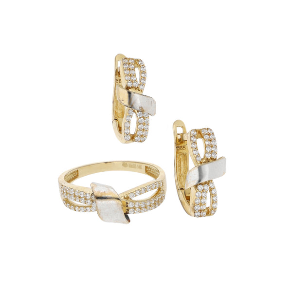 Juego de aretes y anillo diseño especial con circonias en oro amarillo 14 kilates.