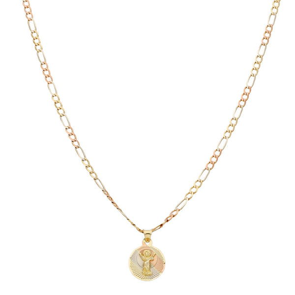 Collar de tres eslabones por uno y medalla diseño especial en oro tres tonos 14 kilates.
