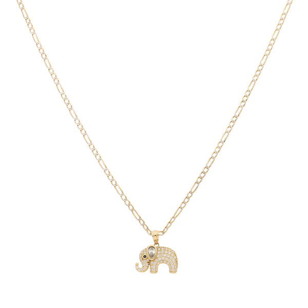 Juego de gargantilla de tres eslabones por uno platinado y dije diseño especial motivo elefante con sintéticos en oro amarillo 14 kilates.