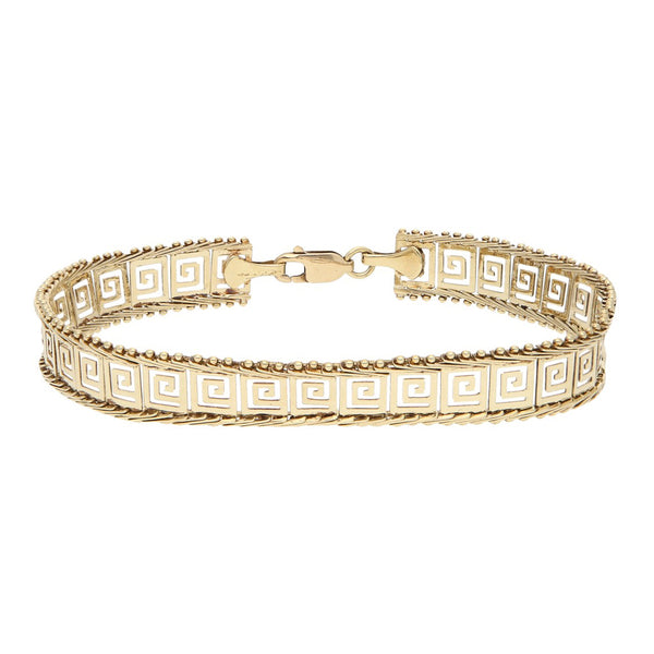 Pulsera eslabón boleado motivo grecas en oro dos tonos 14 kilates.