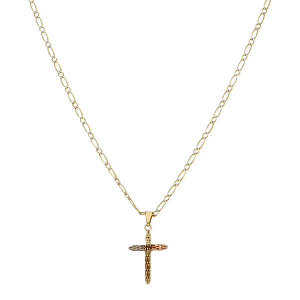 Collar eslabón combinado Platinado y cruz diseño especial en oro tres tonos 14 kilates.