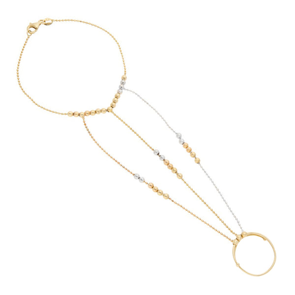 Pulsera eslabón boleado con extensión de anillo en oro tres tonos 14 kilates.