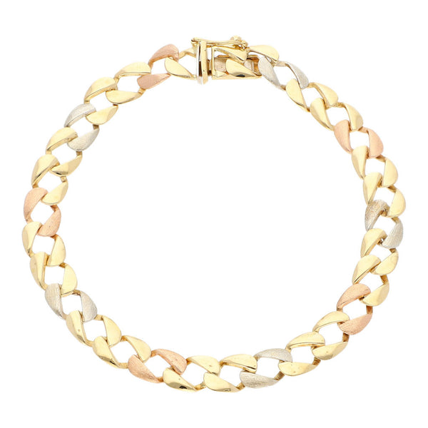 Pulsera eslabón laminado en oro tres tonos 14 kilates.