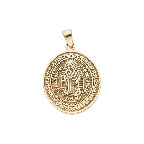Medalla imagen doble motivo Virgen de Guadalupe y Texto en oro amarillo 14 kilates.