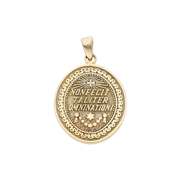 Medalla imagen doble motivo Virgen de Guadalupe y Texto en oro amarillo 14 kilates.