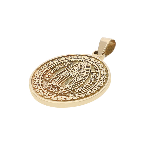 Medalla imagen doble motivo Virgen de Guadalupe y Texto en oro amarillo 14 kilates.