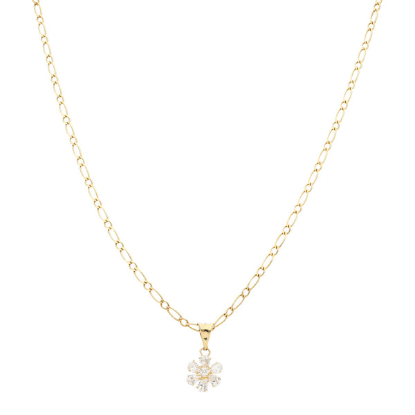 Collar eslabón combinado y dije calado con circonias motivo flor en oro amarillo 14 kilates.