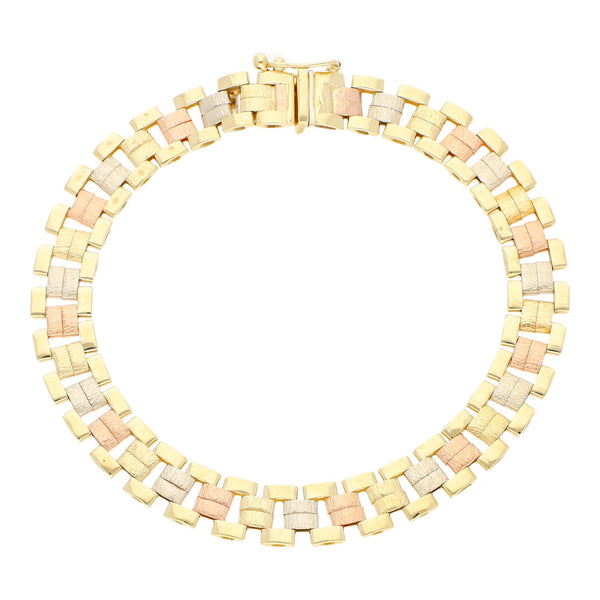 Pulsera eslabón articulado en oro tres tonos 14 kilates.