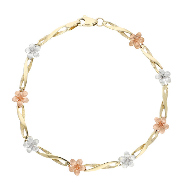 Pulsera eslabón articulado motivo flores en oro tres tonos 14 kilates.