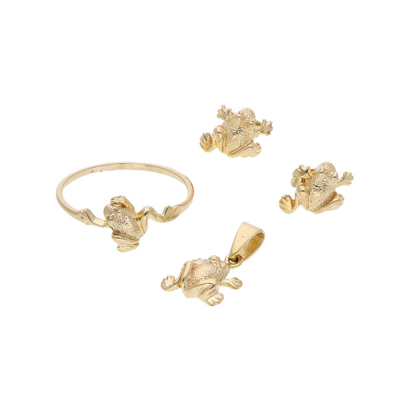 Juego de anillo, dije y broqueles diseño especial motivo rana en oro amarillo 14 kilates.