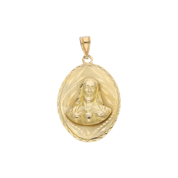 Medalla imagen doble motivo Sagrado Corazón de Jesús y Virgen de Guadalupe en oro amarillo 14 kilates.
