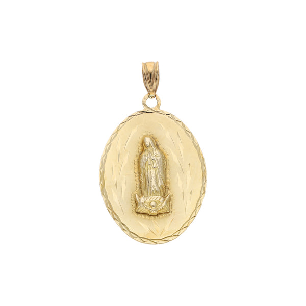 Medalla imagen doble motivo Sagrado Corazón de Jesús y Virgen de Guadalupe en oro amarillo 14 kilates.