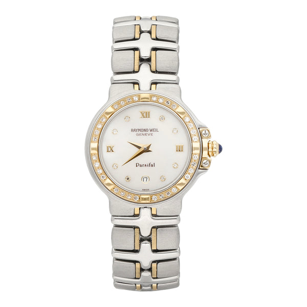Reloj Raymond Weil para dama modelo Parsifal bisel en oro amarillo 18 kilates.